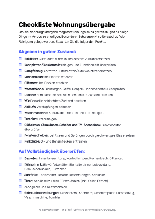 Checkliste Wohnungsübergabe Fairwalter